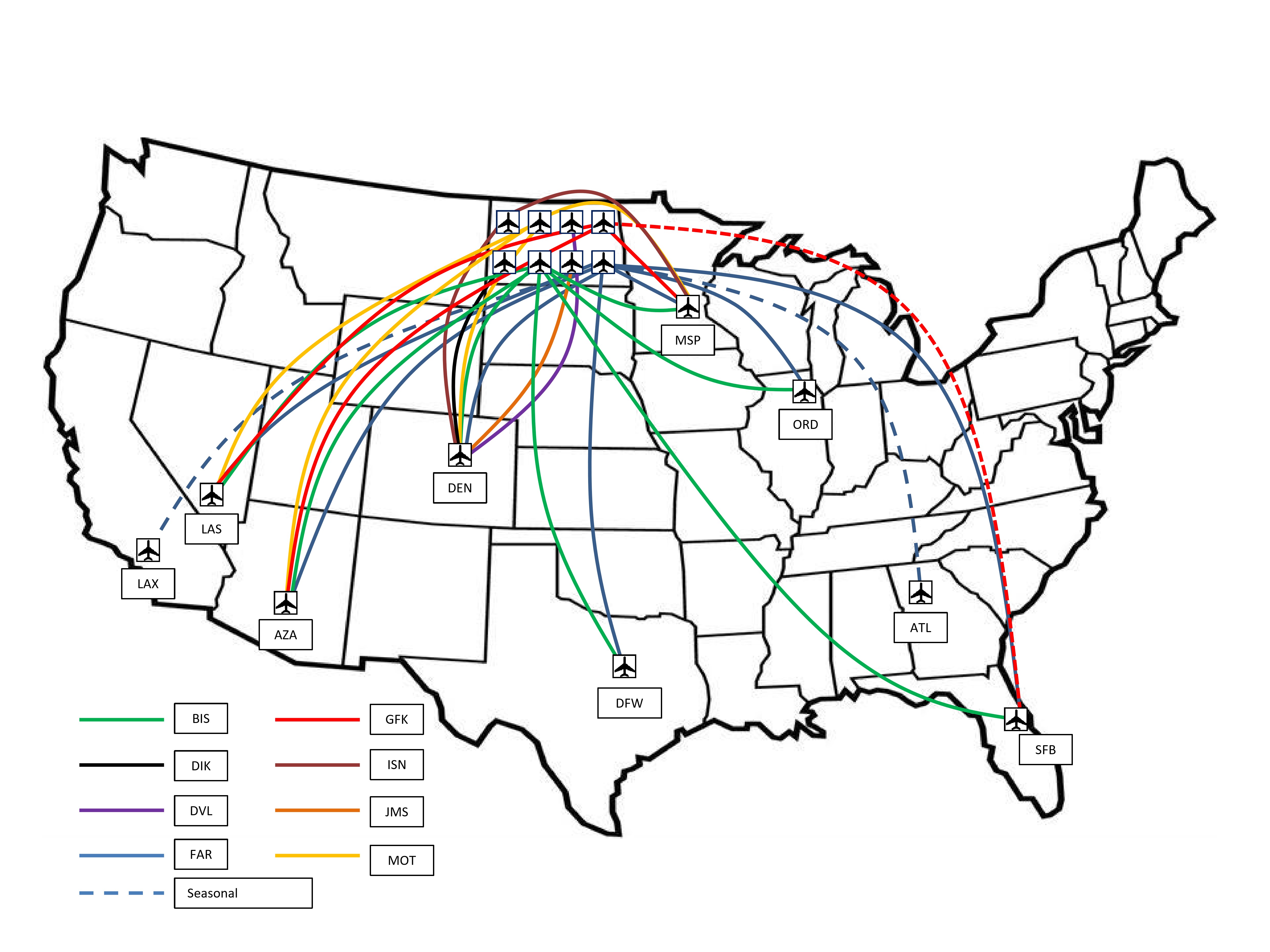 Current North Dakota Airline Route Map 